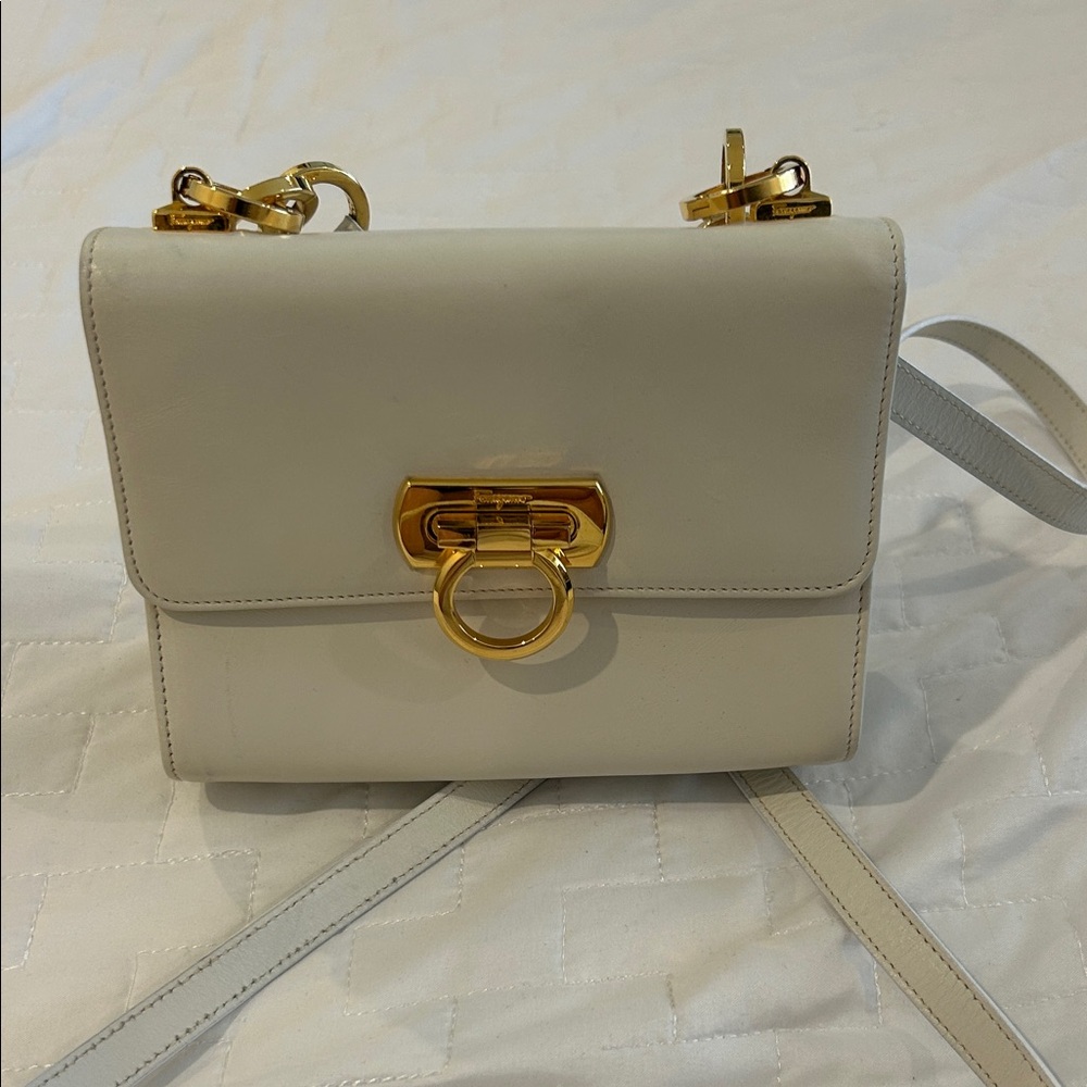 Authentic vintage Salvatore Ferragamo Cream Crossbody Bag with Gold Hardware